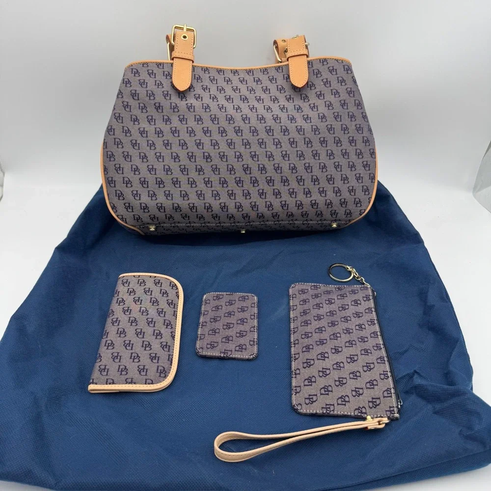 Dooney & Bourke Satchel‎ Bag Women Medium Navy Monogram Leather Trim 4 Piece Set